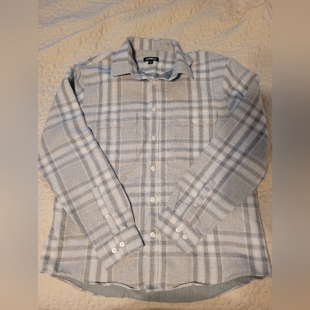 Express Men's Light Gray Checkered Shirt